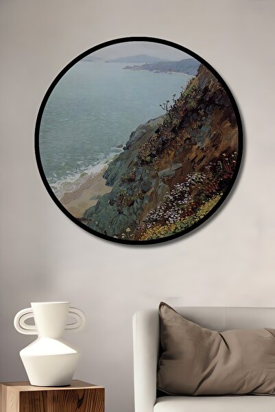 Teona Ahşap Tablou decorativ cu aspect de cadru rotund din lemn, peisaj natural de litoral