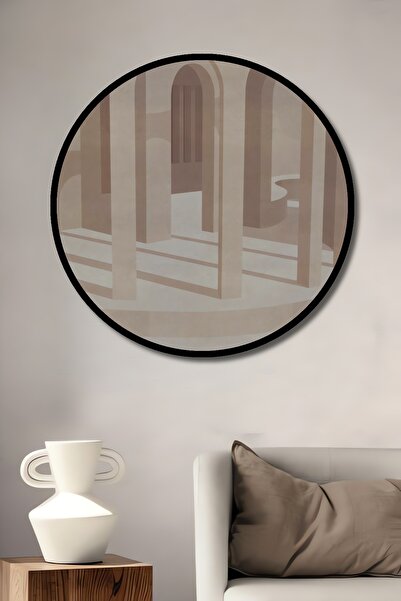 Teona Ahşap Tablou decorativ cu cadru rotund din lemn, cu aspect de jocuri de lumini și umbră