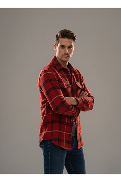 secret touch Erkek Oduncu Regular Fit Klasik Kesim Çift Cepli Yaka Düğmeli Kışlık Kareli Gömlek