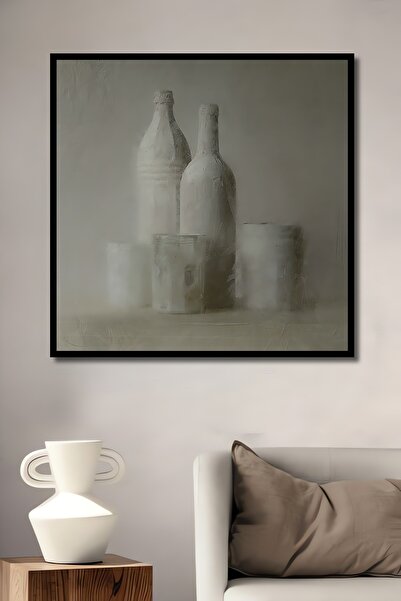 Teona Ahşap Tablou decorativ din lemn dreptunghiular cu sticle albe și pahare cu aspect de cadru