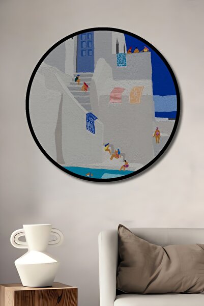 Teona Ahşap Tablou decorativ cu aspect de cadru rotund din lemn, case albe și...