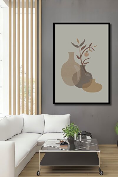 Teona Ahşap Tablou decorativ din lemn dreptunghiular în tonuri de pământ cu aspect de vază și ramă de ramuri