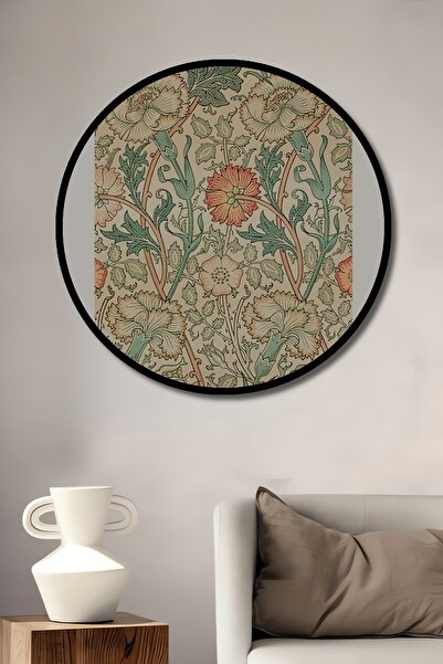 Teona Ahşap Tablou decorativ cu cadru rotund din lemn, aspect cu model floral William Morris