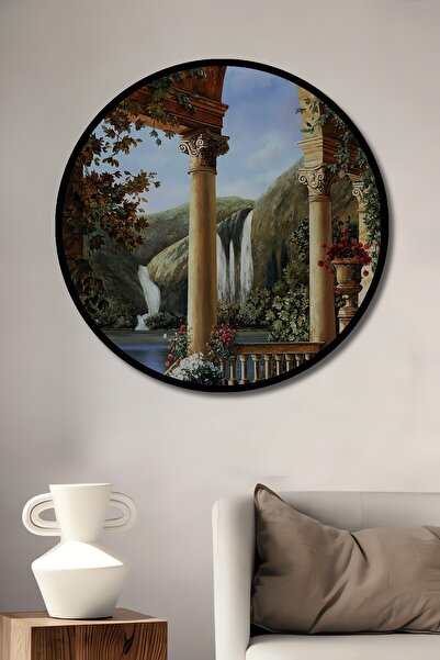 Teona Ahşap Tablou decorativ cu cadru rotund din lemn, peisaj natural, cascadă, grădină
