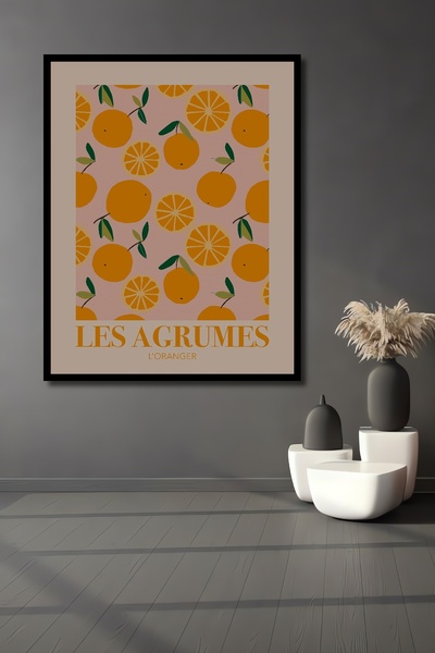 Teona Ahşap Tablou decorativ din lemn dreptunghiular cu aspect de cadru cu model de citrice portocalii