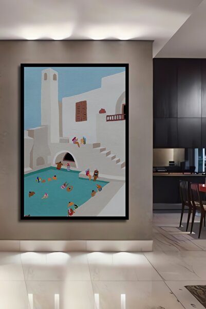 Teona Ahşap Tablou decorativ din lemn, dreptunghiular, cu cadru cu vedere la peisajul casei cu piscină