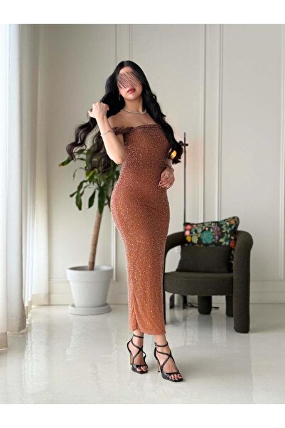 Opera Fashion فستان سهرة ميدي أوف شولدر لامع بني