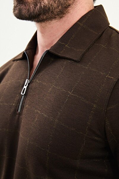 Mcr Checkered Slim Fit Polo Neck Zippered Long Sleeve Men's T-Shirt Brown - 36866.25K