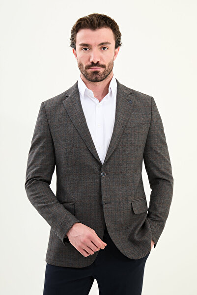 Mcr Plaid Slim Fit Mono Collar Men's Jacket Brown - 41474.25K