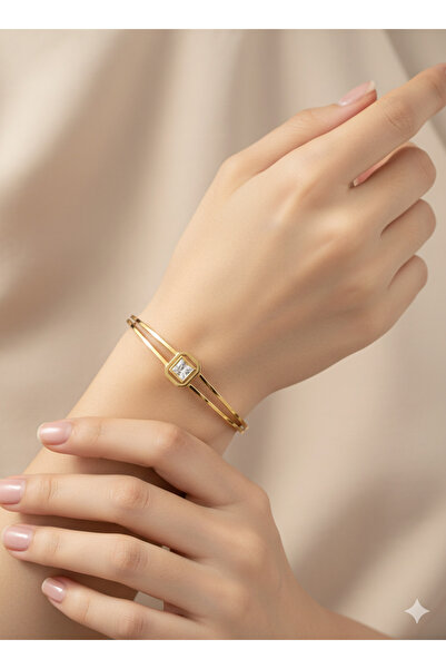 ER-NAZ ACCESSORIES Taşlı Kadın Kelepçe Gold Şık Paslanmaz Çelik