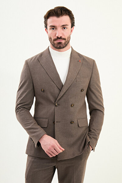 Mcr Straight Slim Fit Wide Collar Punto Stitching Double Breasted Men's Suit Mink - 45421.25K