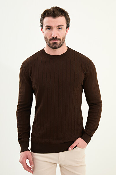 Mcr Patterned Slim Fit Crew Neck Men's Knitwear Sweater Brown - 11577.25K
