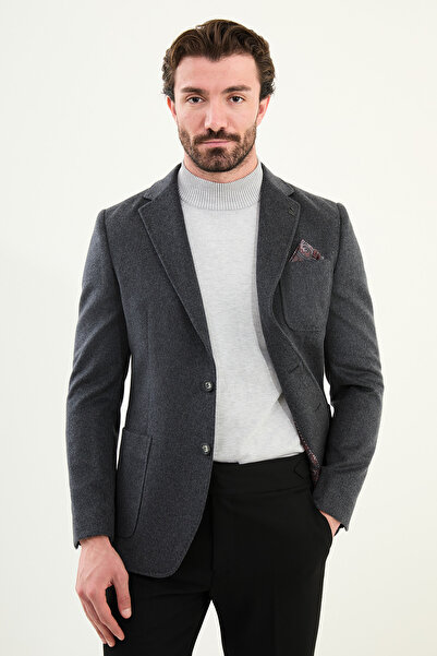 Mcr Plain Slim Fit Wool Men's Jacket with Pocket Detail and Handkerchief Detail Anthracite - 44316.25K