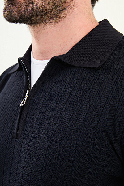 Mcr Patterned Slim Fit Polo Neck Zippered Wool Men's Knitwear Sweater Navy Blue - 11570.25K