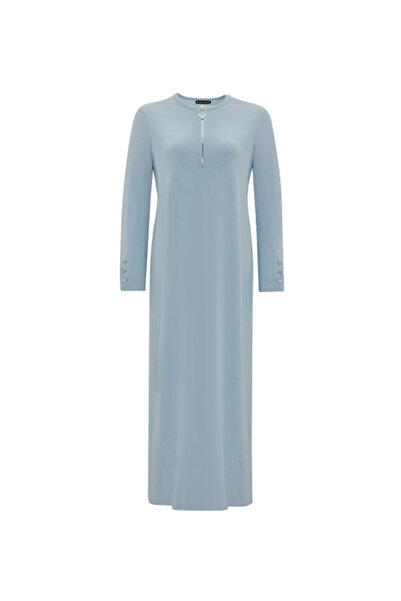 MISS DALIDA Yakası Fermuarlı Triko Uzun Açık Mavi Elbise