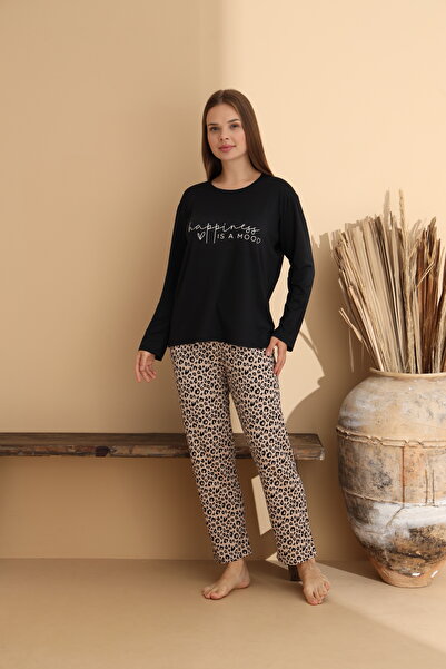 ELİTOL Happiness Siyah Leopar Pijama Takımı