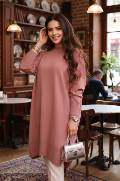 N.S NEVA STYLE Πλεκτό πουλόβερ τουνίκ Dusty Rose Hijab 17203GK2