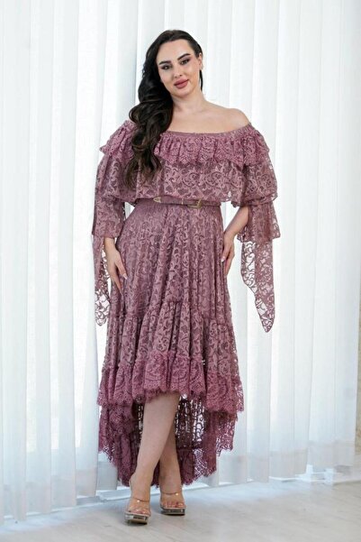 Opera Fashion فستان اوف شولدر دانتيل ميدي لون زهري