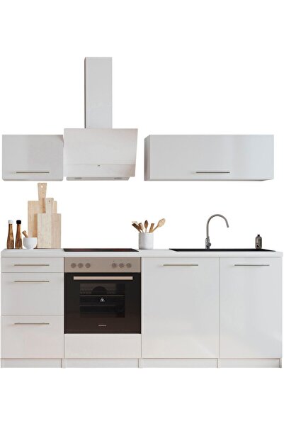 Tdesigno Almora Hazır Mutfak Dolabı 220cm - Parlak-Beyaz Laminat Tezgah Dahil-