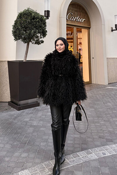 LOCCO Palton scurt de blană cu detaliu curea pentru femei, negru