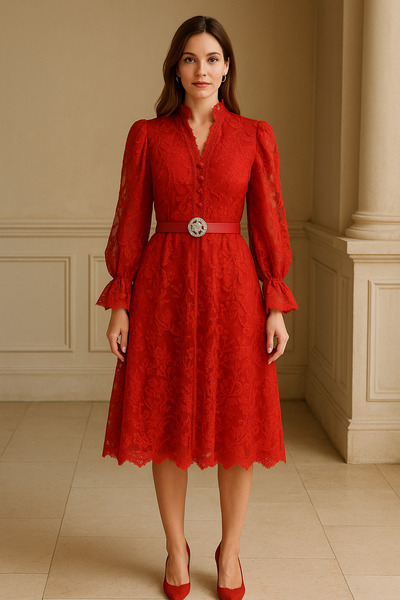 sweetyar Şık Dantel Dokulu Zarif Şifon Elbise – Kemerli, Gece ve Davet Kombinlerine Uygun