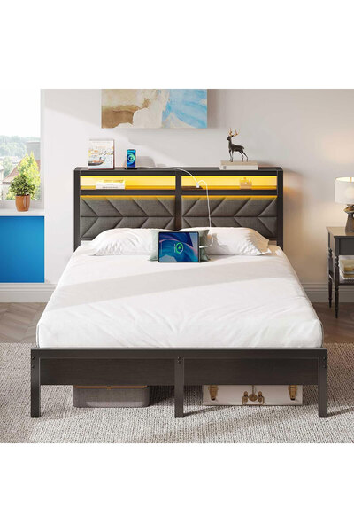 Yanara 120cm wide LED Storage Bed Frame with Charging Station, Upholstered Headboard