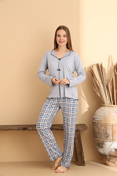 ELİTOL Gray Plaid Patterned Women's Pajama Set