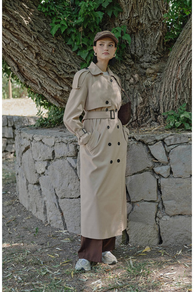 Fatma Atasoy Apoletli Sütlü Kahve Oversize Trençkot