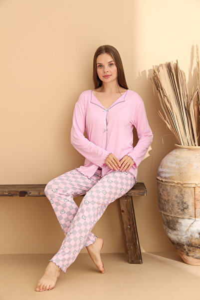 ELİTOL Pink Square Patterned Women's Pajama Set