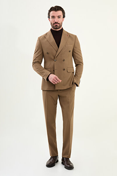 Mcr Straight Slim Fit Wide Collar Punto Stitching Double Breasted Men's Suit Camel - 45421.25K