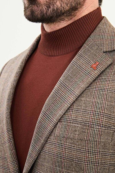 Mcr Plaid Slim Fit Mono Collar Men's Jacket Brown - 41469.25K