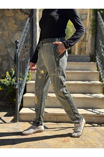 Punta Otantik Yg50618 Star Pattern Pulpayetli Italian Suede Pants Khaki