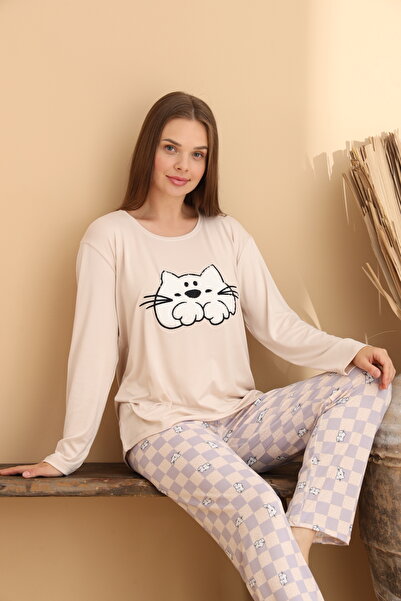 ELİTOL Cat Beige Checkered Pajama Set