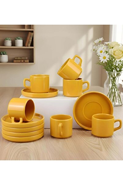 Trendmiya Mustard Color 6-Piece Double Turkish Coffee Cup Set