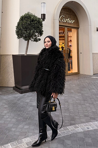 LOCCO Palton scurt de blană cu detaliu curea pentru femei, negru