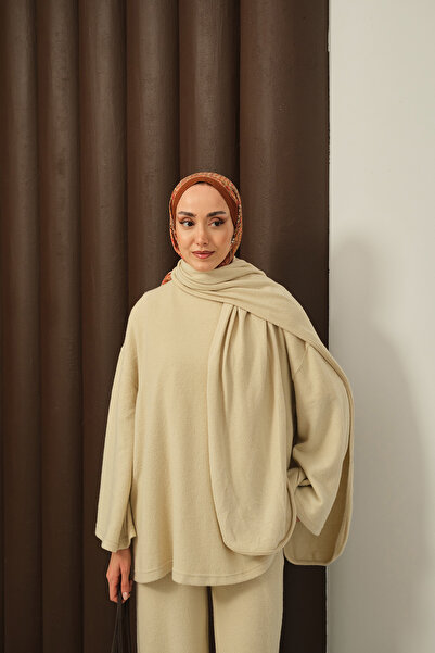 LOCCO Women's Scarf Detail Two-Piece Set Cream