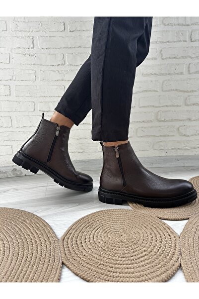 Cyber Genuine Leather Guaranteed Double Zipper Men's Boots Water and Cold Resistant Sewn Rubber Anti-Slip Soles