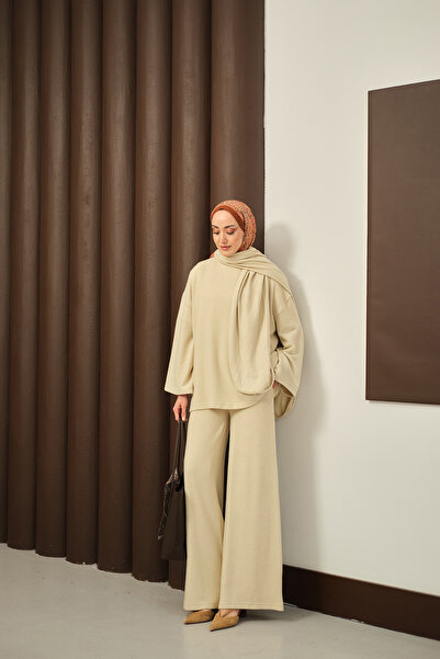 LOCCO Women's Scarf Detail Two-Piece Set Cream