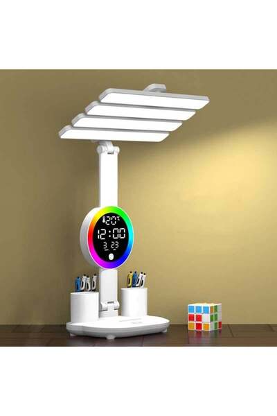MagExpert Lampa LED tip veioza cu 4 capete, ecran RGB, data si temperatura, suport pentru pixuri, de birou