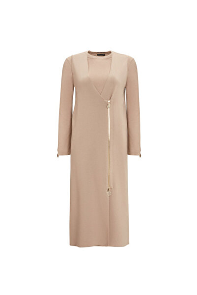 MISS DALIDA Temiz Kesim Fermuarlı Triko Taş Rengi Yelek