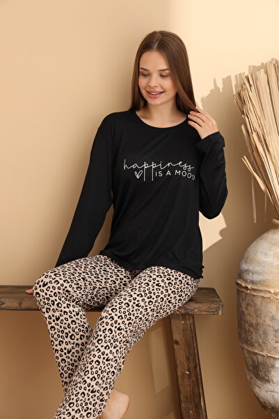 ELİTOL Happiness Siyah Leopar Pijama Takımı