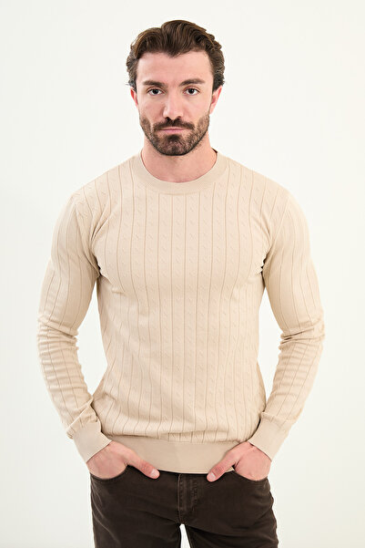 Mcr Patterned Slim Fit Crew Neck Men's Knitwear Sweater Beige - 11577.25K