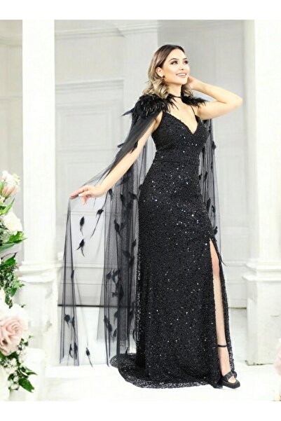 FaBe Fashion İP ASKILI GÖĞÜS DEKOLTELİ YIRTMAÇLI TÜY DETAYLI APOLETLİ SEYYAR ...