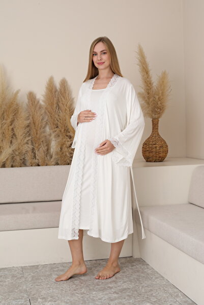 Miss Dünya Lissa Serenity Lace Detailed Maternity and Postpartum Dressing Gown Suspender Nightgown Set