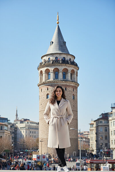 beeke Nisa Cream Coat with Belt, Pockets, Knee-Length, Long Cashmere Winter Women's Coat-4