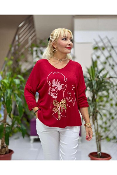 Punta Otantik Yg5810 Printed Italian Knitwear Blouse Red