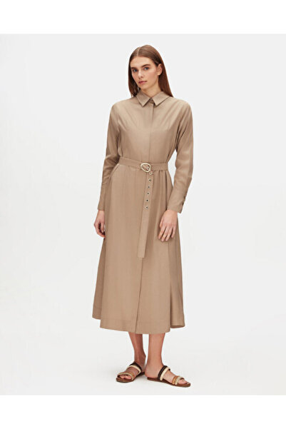 MISS DALIDA Gizli Patlı Kemerli Taş Rengi Elbise