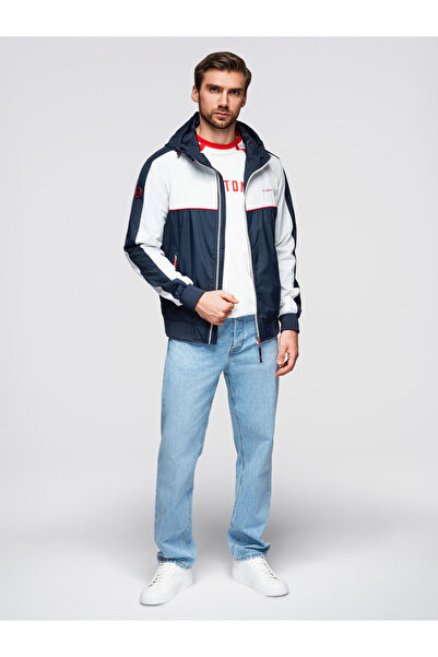 OMBRE Kontrast Herren Windbreaker Jacke mit Kapuze - Navy-Weiß V1 OM-JANP-0228