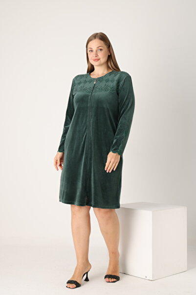 STELLETO Embroidered Stone Pocket Zippered Winter Velvet Plus Size Dress