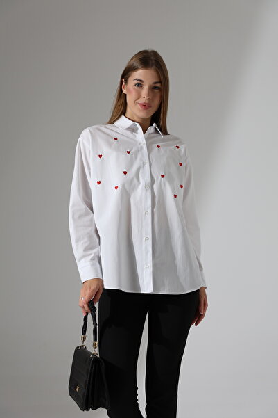 Corradeo Giyim Plus Size-Oversize Striped Poplin Fabric Heart Embroidery Detailed Epaulet Design Shirt